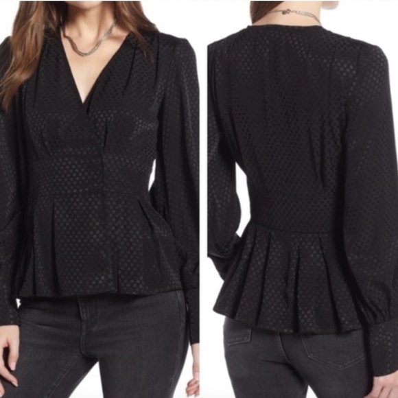 SOMETHING NAVY black polka dot jacquard wrap long sleeve top - Picture 9 of 9